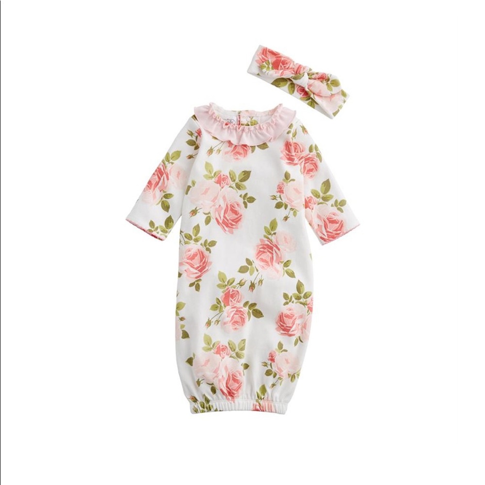 Never worn MudPie rose baby gown size 0-3 months with matching head band